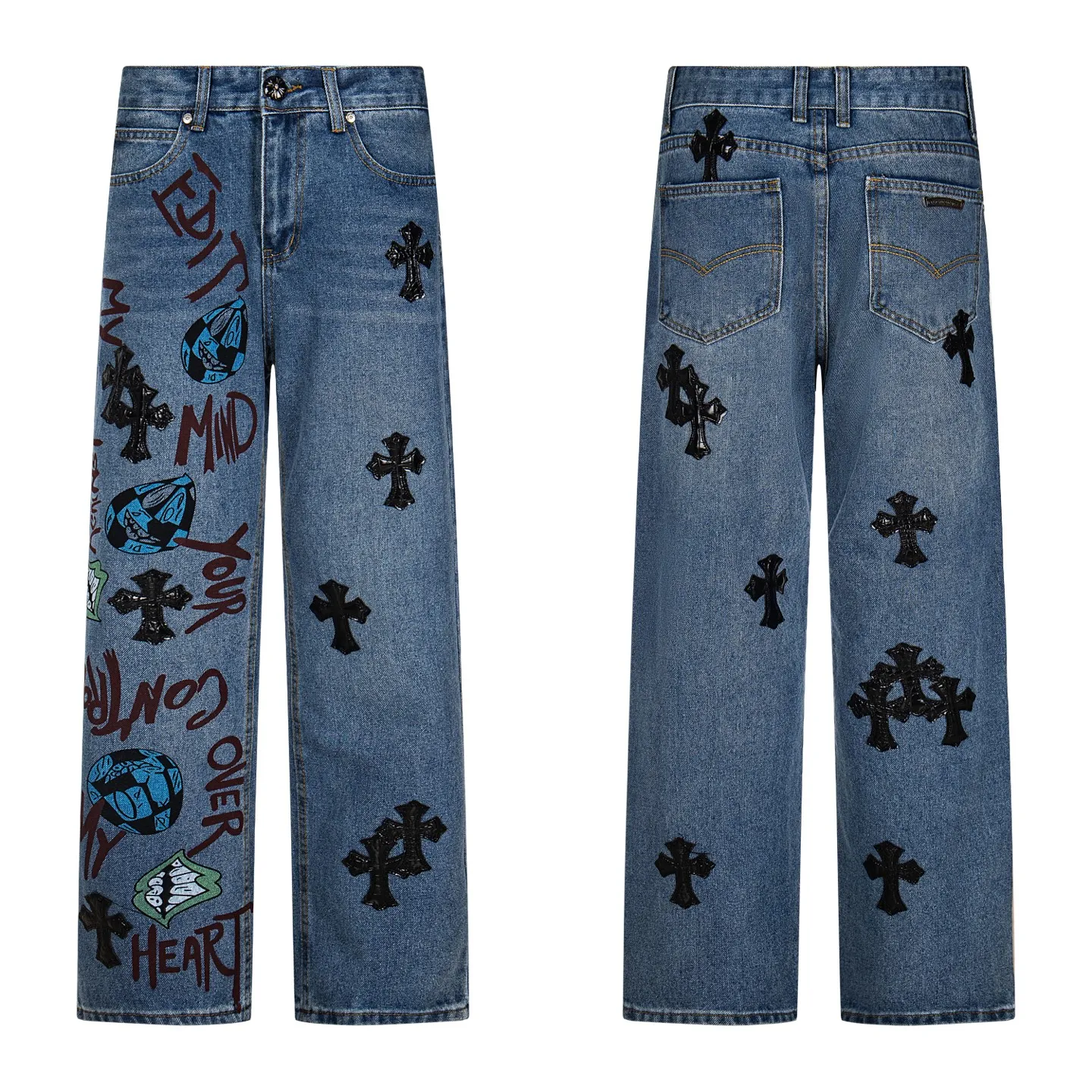 P250 💰 (Top version) Chrome hearts print stitching black leather classic washed jeans, truly restores the ultimate vintage texture, three-dimensional version, loose and comfortable, not picky about the figure, taller and slimmer, factory precision, original factory quality control, same style for men and women, can be matched with couples, versatile recommendation, must-have jeans for all seasons, fashionistas have been disappointed. From the quality selection of fabrics, the tailoring of details, and the matching of patterns, they are all impeccable! The upper body is so handsome when worn...it can be easily worn by men, women and children! The craftsmanship is made of heavy-duty washed pure cotton denim fabric. After washing, it is soft and thick and looks very stylish when worn. Color: blue Size: 28-30-32-34-36 (corresponding to S-M-L-XL-XXL)